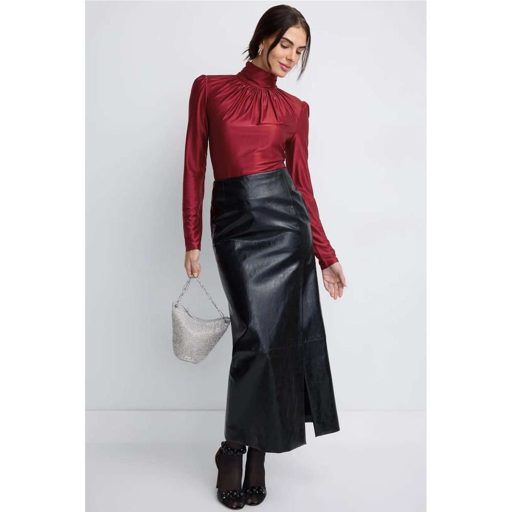 Rabanne Burgundy Red High Neck Gathered Long Sleeve Blouse Top IT 38 US 2 4